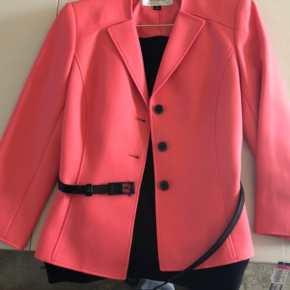 Tahari Coral Pink Structured Blazer with Black Trim